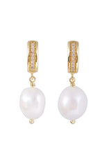 Load image into Gallery viewer, Fairley Pave Crystal Pearl Hoop Earrings
